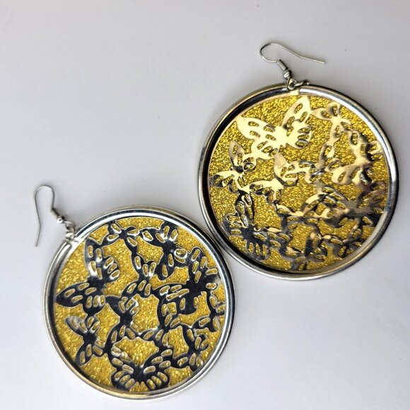 Gold with Butterfly Motif Large Round Earrings - Picture 4 of 4